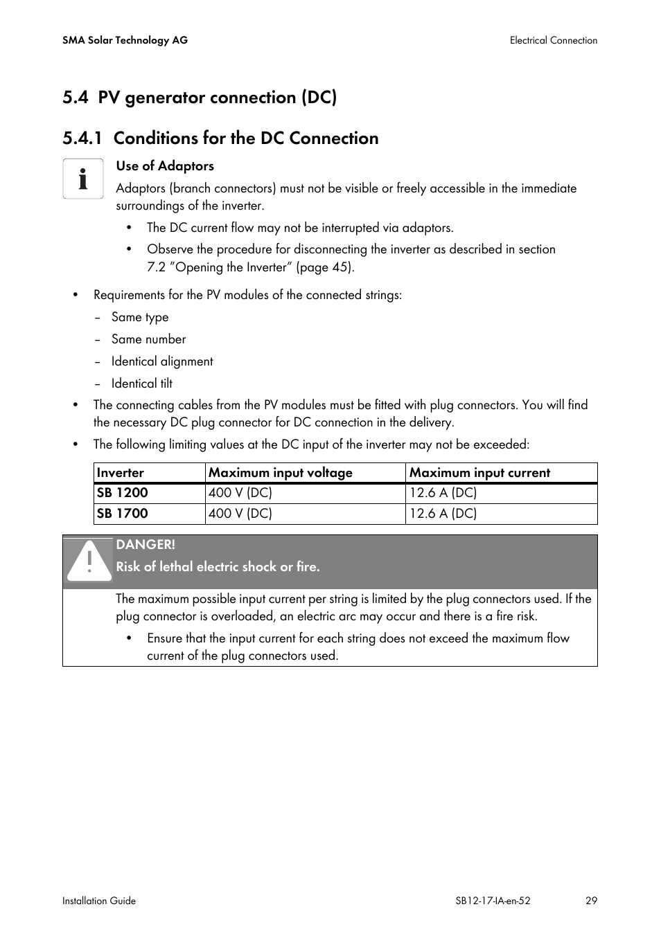 4 pv generator connection (dc), 1 conditions for the dc connection, Pv generator connection (dc) | Conditions for the dc connection | SMA SB 1200 Installation User Manual | Page 29 / 72