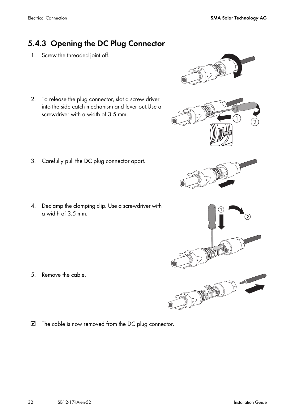 3 opening the dc plug connector, Opening the dc plug connector | SMA SB 1200 Installation User Manual | Page 32 / 72