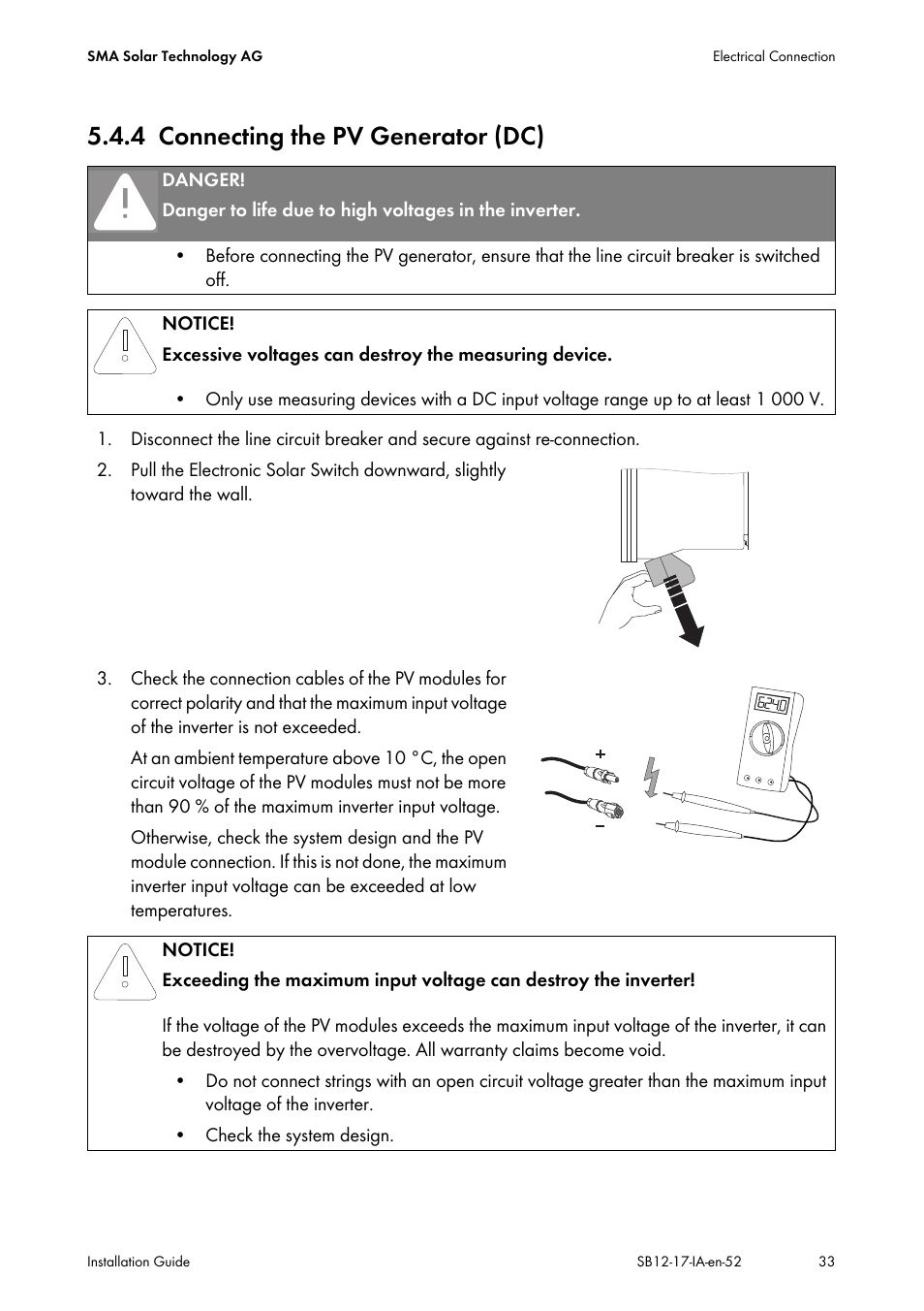 4 connecting the pv generator (dc), Connecting the pv generator (dc) | SMA SB 1200 Installation User Manual | Page 33 / 72