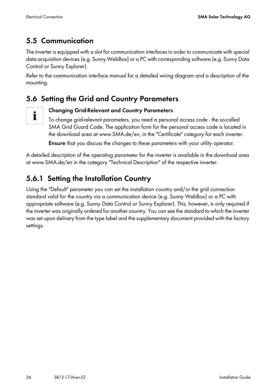 5 communication, 6 setting the grid and country parameters, 1 setting the installation country | Communication, Setting the grid and country parameters, Setting the installation country | SMA SB 1200 Installation User Manual | Page 36 / 72