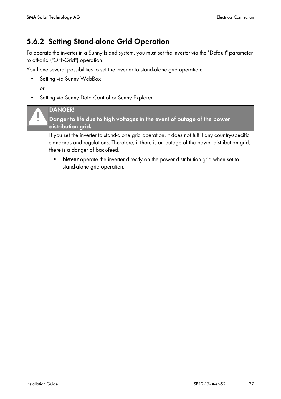 2 setting stand-alone grid operation, Setting stand-alone grid operation | SMA SB 1200 Installation User Manual | Page 37 / 72