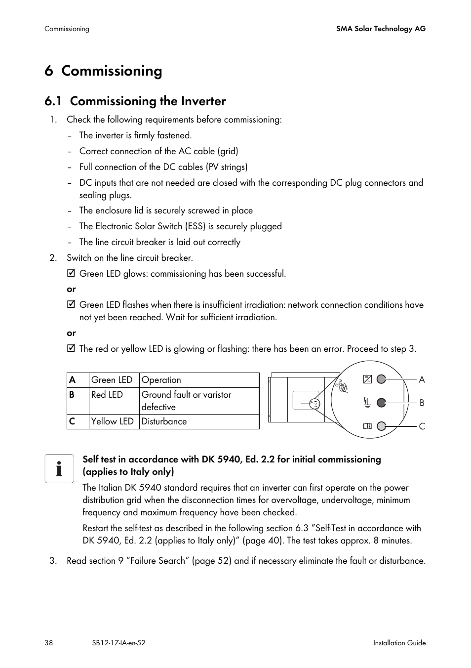 6 commissioning, 1 commissioning the inverter, Commissioning | Commissioning the inverter | SMA SB 1200 Installation User Manual | Page 38 / 72