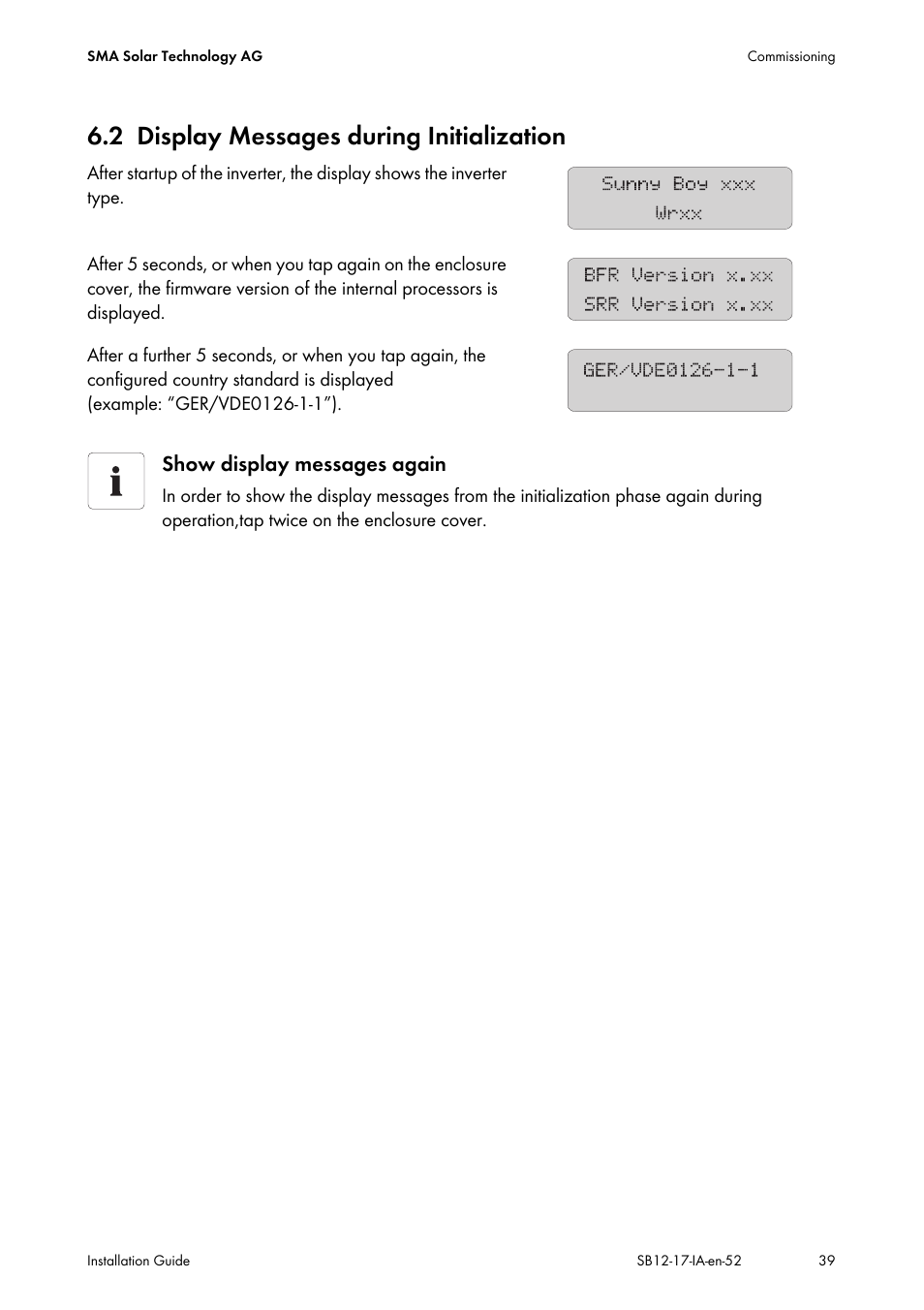 2 display messages during initialization, Display messages during initialization, Show display messages again | SMA SB 1200 Installation User Manual | Page 39 / 72