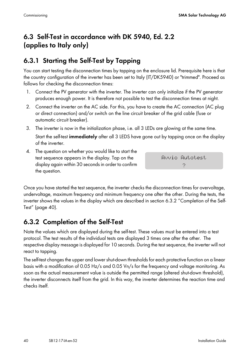 1 starting the self-test by tapping, 2 completion of the self-test, Self-test in accordance with dk 5940, ed. 2.2 | Applies to italy only), Starting the self-test by tapping, Completion of the self-test | SMA SB 1200 Installation User Manual | Page 40 / 72