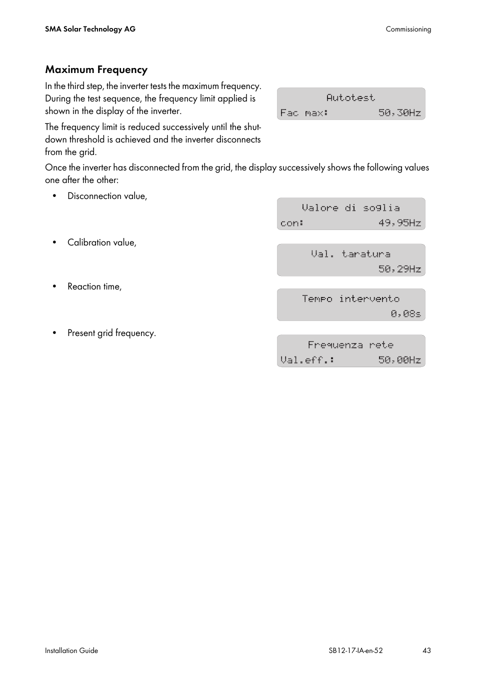 Maximum frequency | SMA SB 1200 Installation User Manual | Page 43 / 72