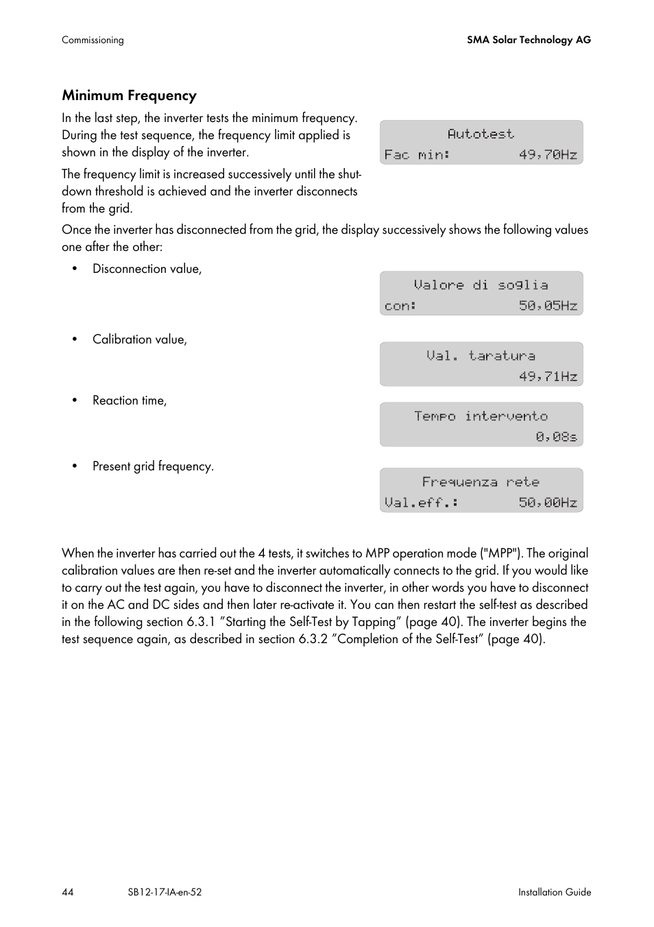 Minimum frequency | SMA SB 1200 Installation User Manual | Page 44 / 72