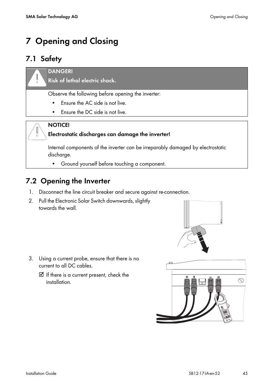 7 opening and closing, 1 safety, 2 opening the inverter | Opening and closing, Safety, Opening the inverter, 1 safety 7.2 opening the inverter | SMA SB 1200 Installation User Manual | Page 45 / 72