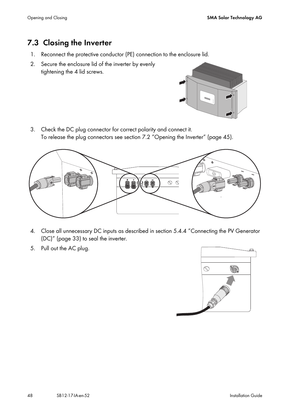 3 closing the inverter, Closing the inverter | SMA SB 1200 Installation User Manual | Page 48 / 72