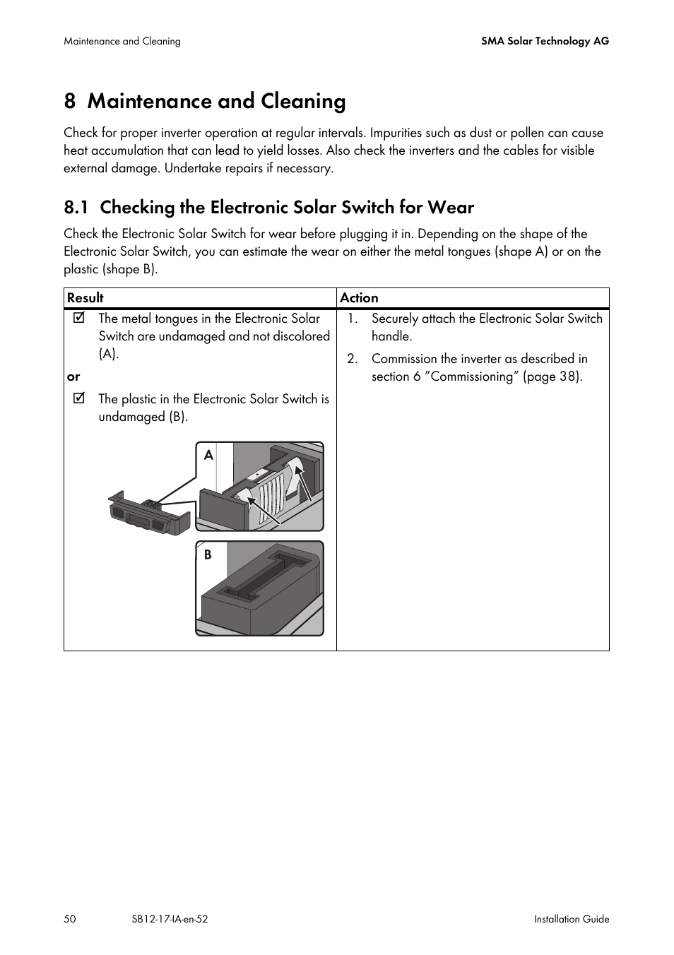 8 maintenance and cleaning, 1 checking the electronic solar switch for wear, Maintenance and cleaning | Checking the electronic solar switch for wear | SMA SB 1200 Installation User Manual | Page 50 / 72