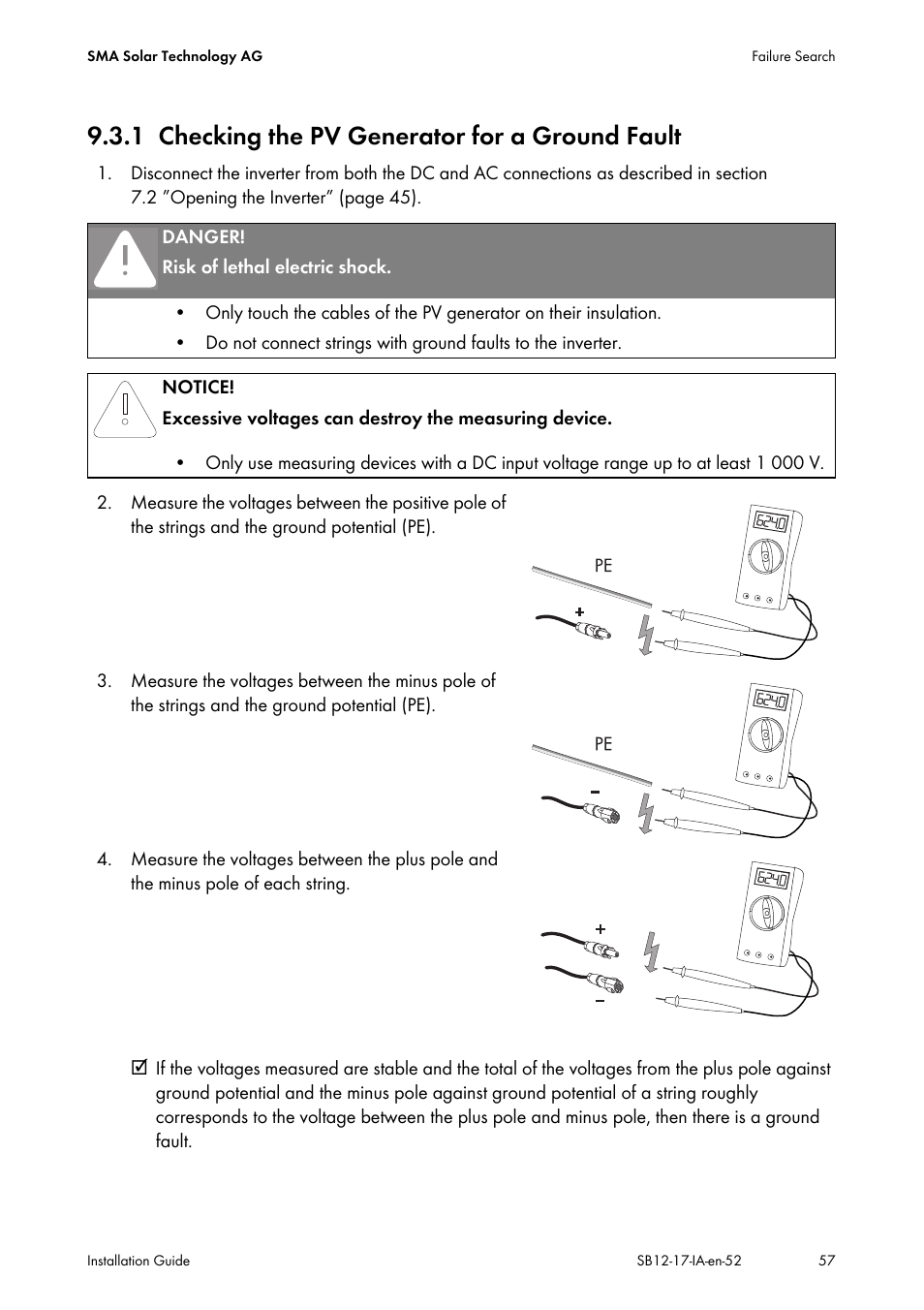 1 checking the pv generator for a ground fault, Checking the pv generator for a ground fault, Ection 9.3.1 ”checking the pv | SMA SB 1200 Installation User Manual | Page 57 / 72