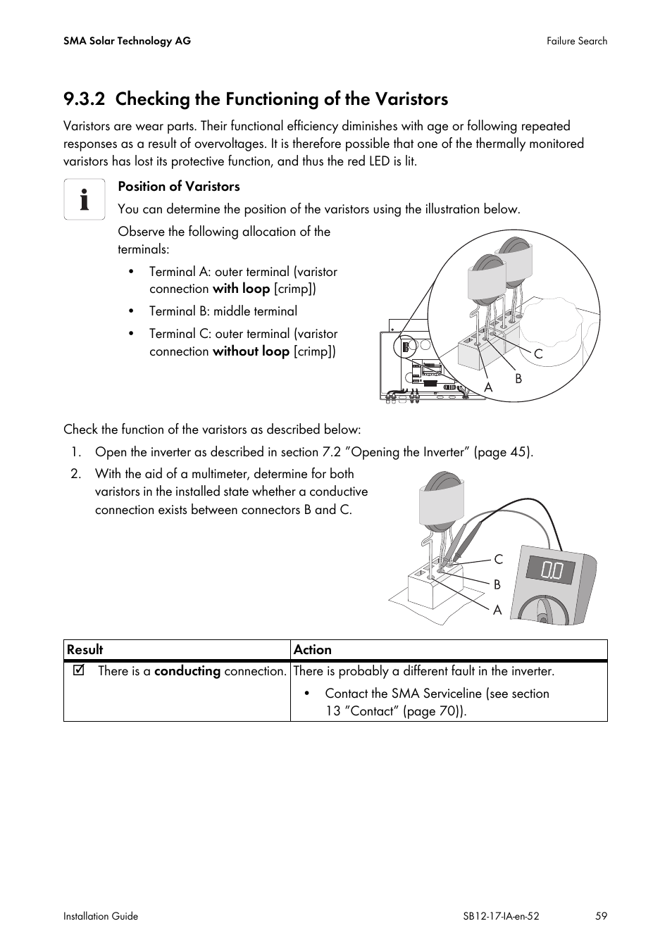 2 checking the functioning of the varistors, Checking the functioning of the varistors, Ection 9.3.2 ”checking the | SMA SB 1200 Installation User Manual | Page 59 / 72