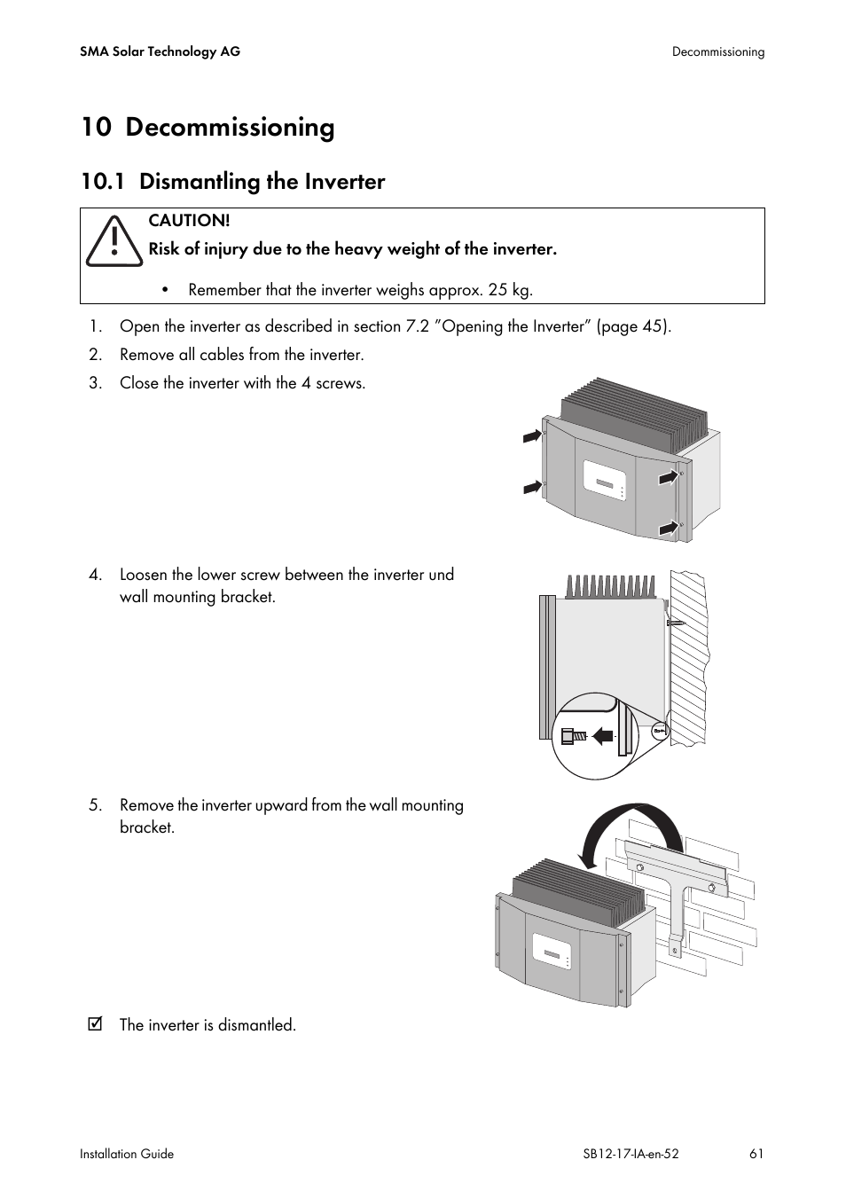 10 decommissioning, 1 dismantling the inverter, Decommissioning | Dismantling the inverter | SMA SB 1200 Installation User Manual | Page 61 / 72