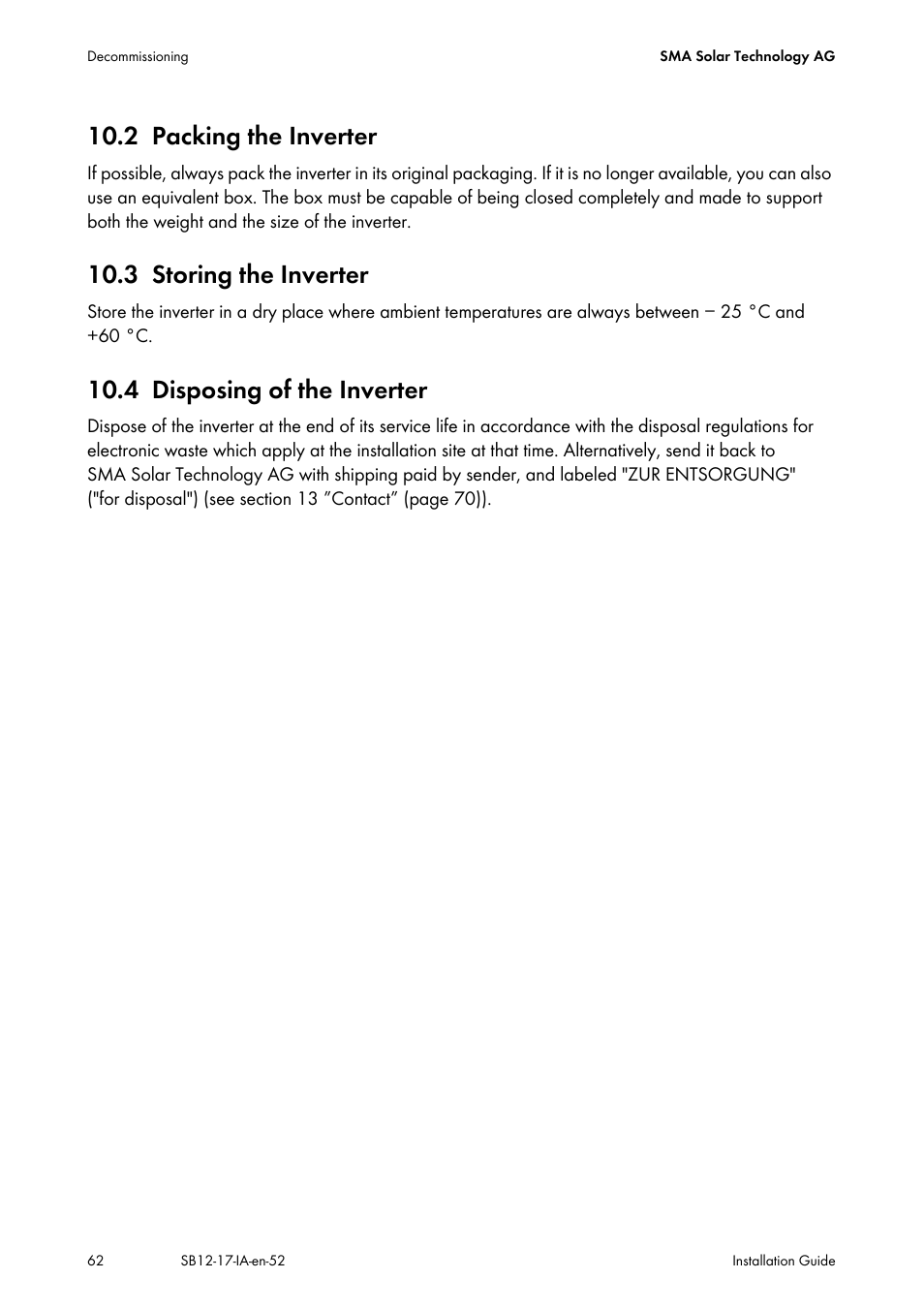 2 packing the inverter, 3 storing the inverter, 4 disposing of the inverter | Packing the inverter, Storing the inverter, Disposing of the inverter | SMA SB 1200 Installation User Manual | Page 62 / 72