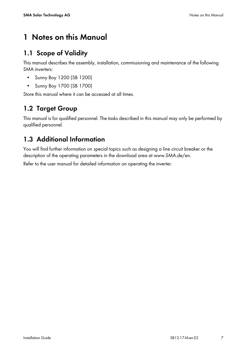 1 notes on this manual, 1 scope of validity, 2 target group | 3 additional information, Notes on this manual, Scope of validity, Target group, Additional information | SMA SB 1200 Installation User Manual | Page 7 / 72