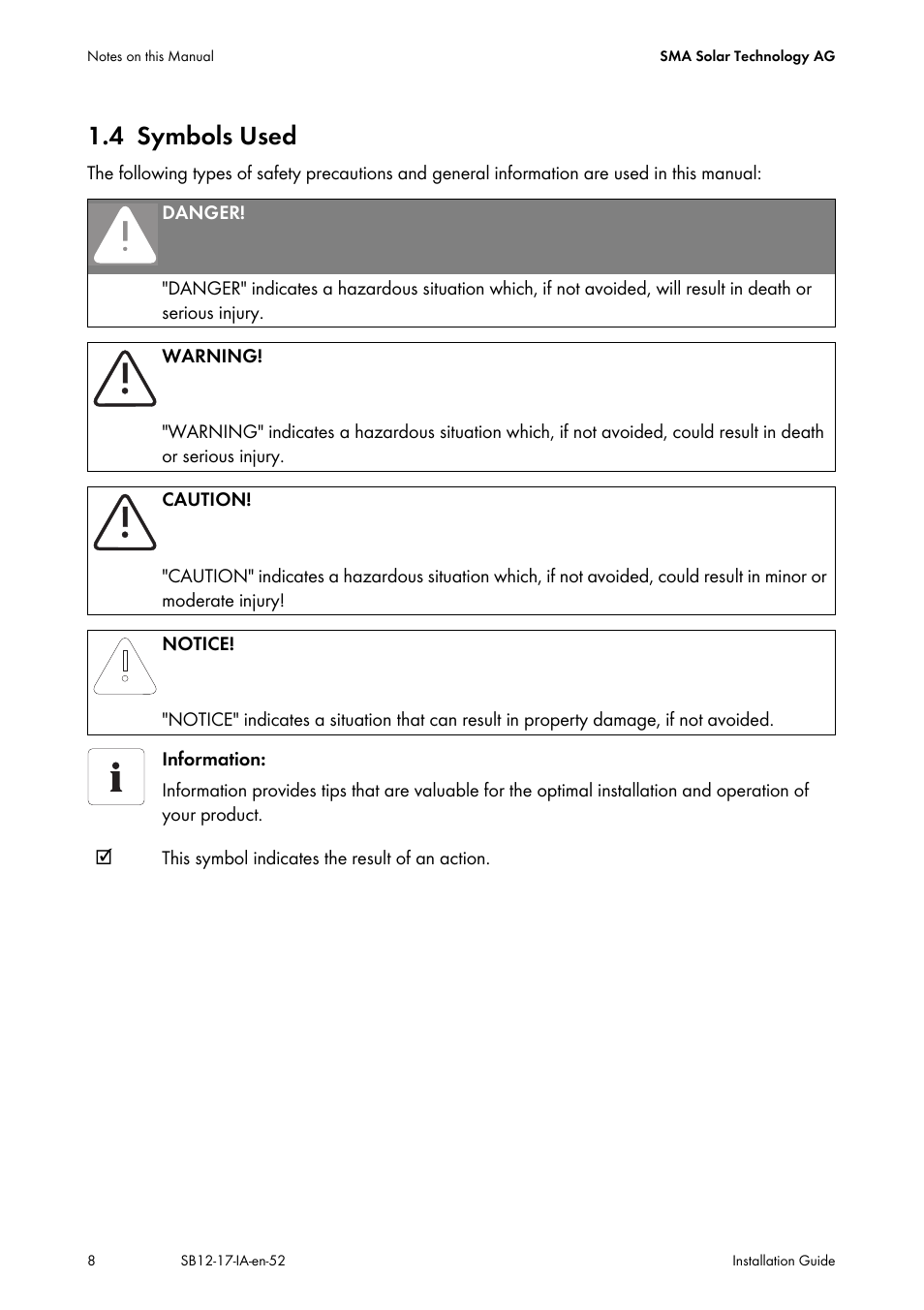 4 symbols used, Symbols used | SMA SB 1200 Installation User Manual | Page 8 / 72