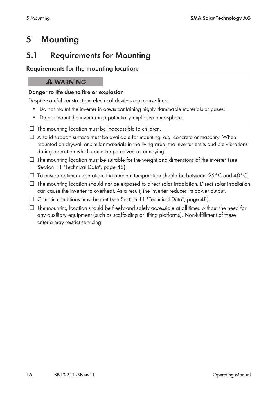 5 mounting, 1 requirements for mounting, Mounting | Requirements for mounting, 5mounting | SMA SB 1300TL User Manual | Page 16 / 58