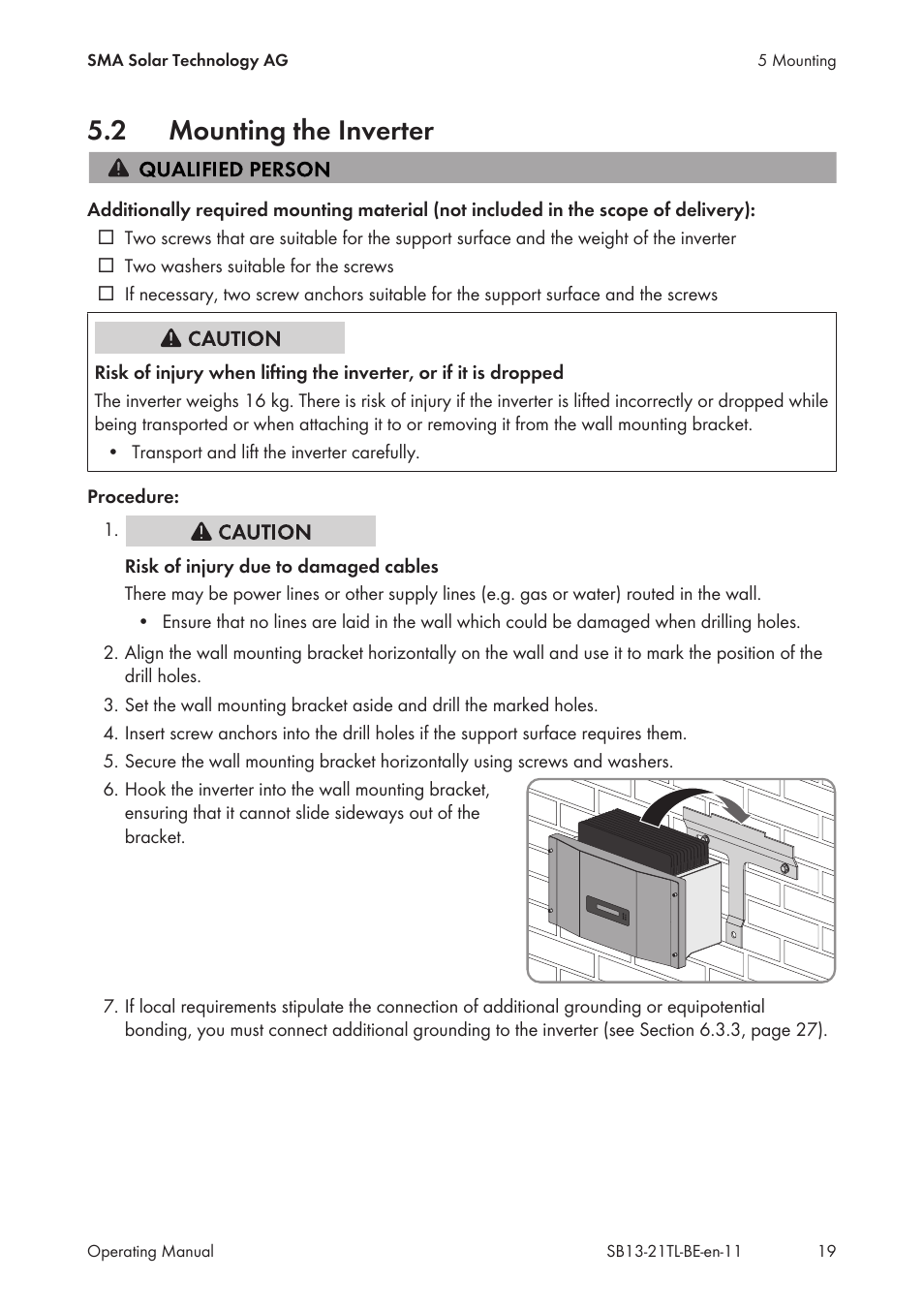 2 mounting the inverter, Mounting the inverter | SMA SB 1300TL User Manual | Page 19 / 58