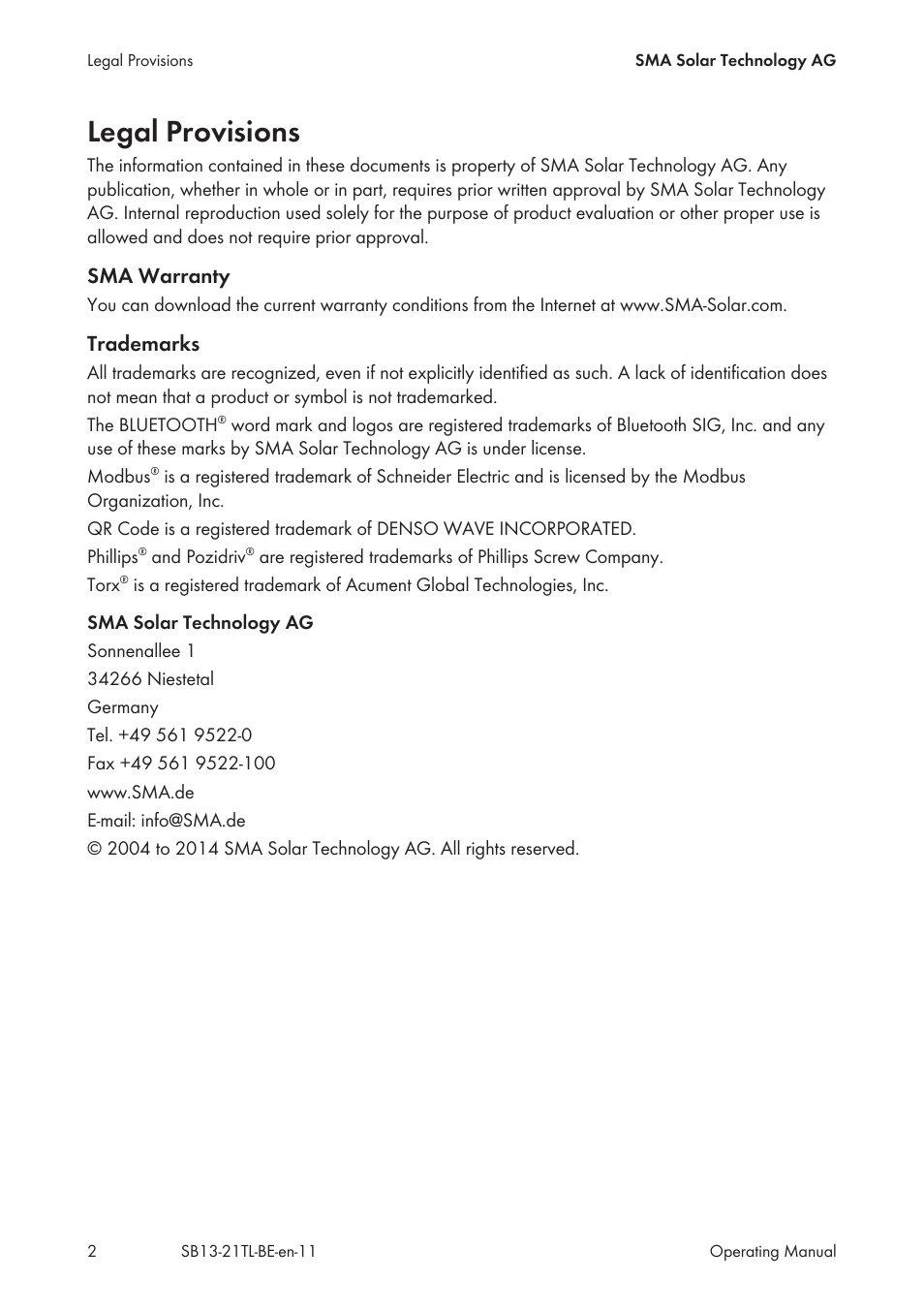 Legal provisions, Sma warranty, Trademarks | SMA SB 1300TL User Manual | Page 2 / 58