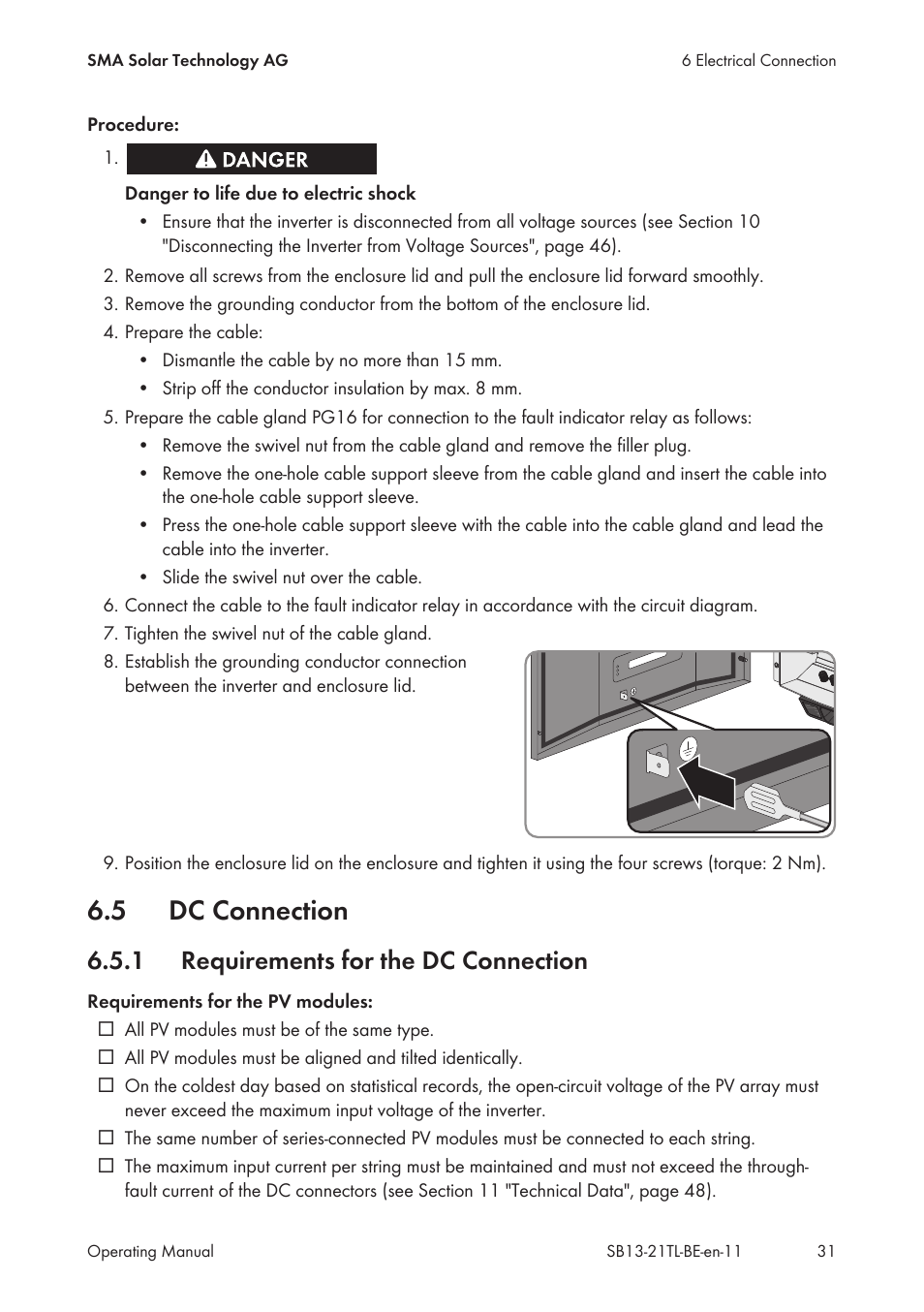 5 dc connection, 1 requirements for the dc connection, Dc connection | Requirements for the dc connection | SMA SB 1300TL User Manual | Page 31 / 58