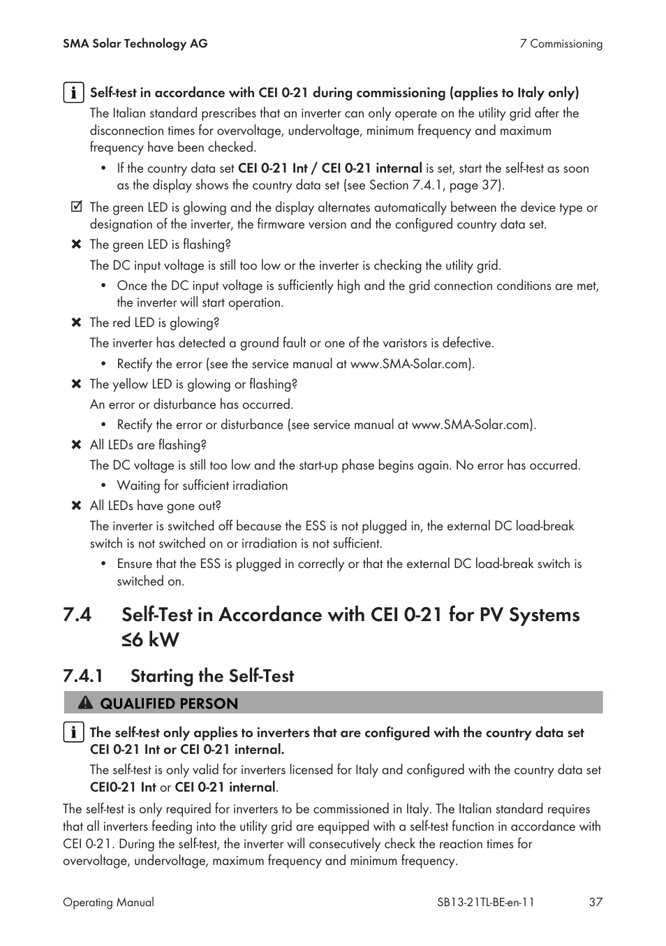 1 starting the self-test, Starting the self-test | SMA SB 1300TL User Manual | Page 37 / 58