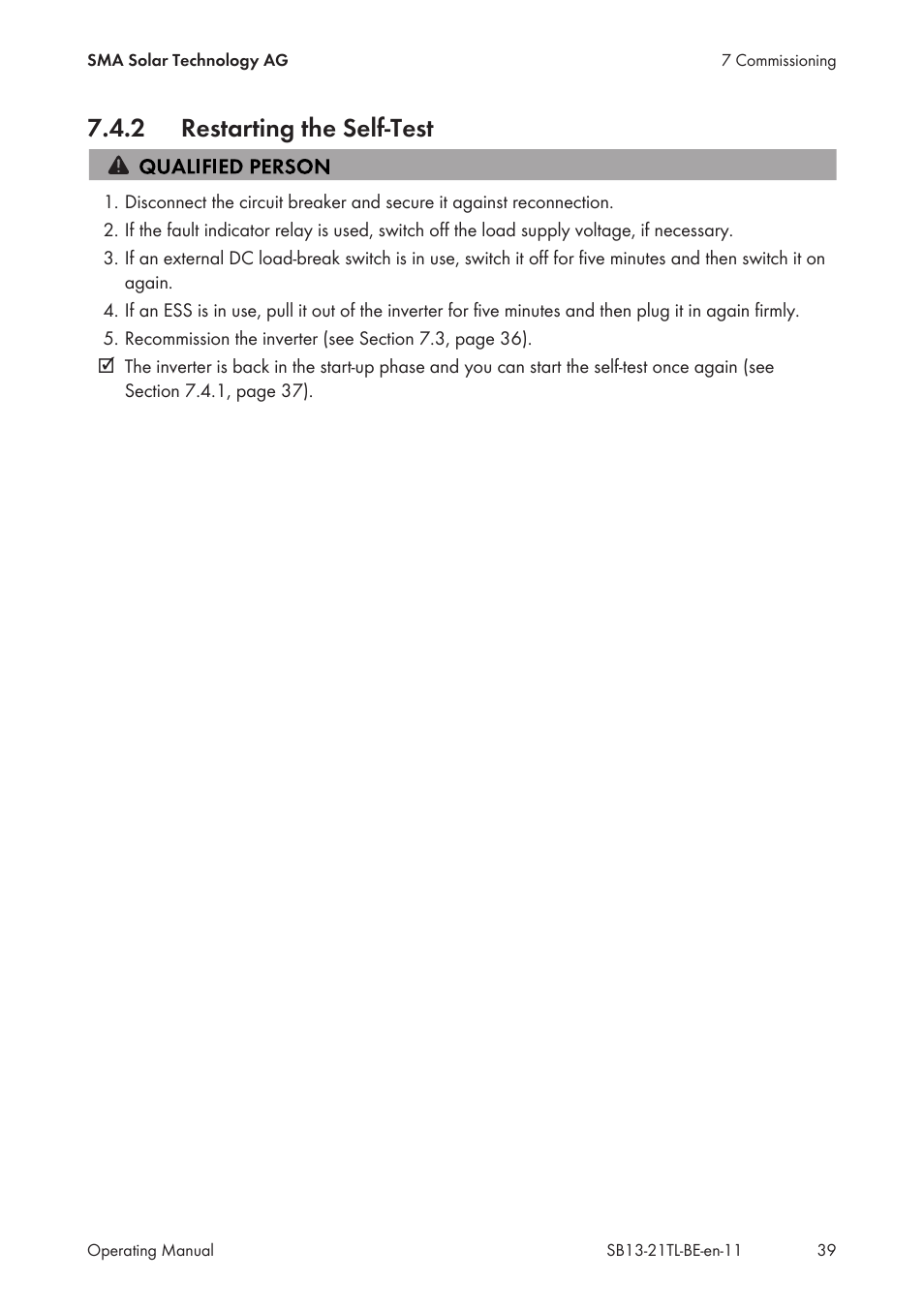 2 restarting the self-test, Restarting the self-test | SMA SB 1300TL User Manual | Page 39 / 58