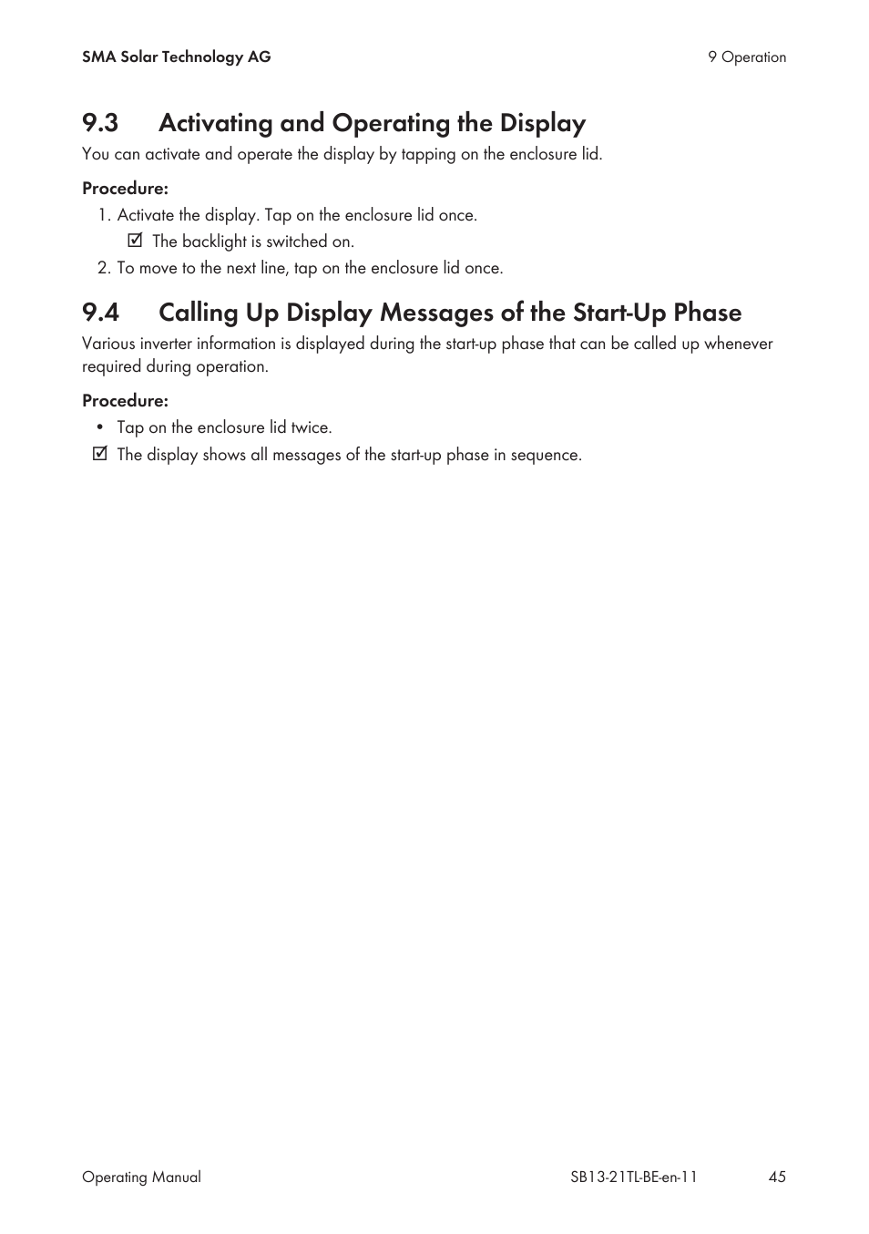 3 activating and operating the display, Activating and operating the display, Calling up display messages of the start-up phase | SMA SB 1300TL User Manual | Page 45 / 58