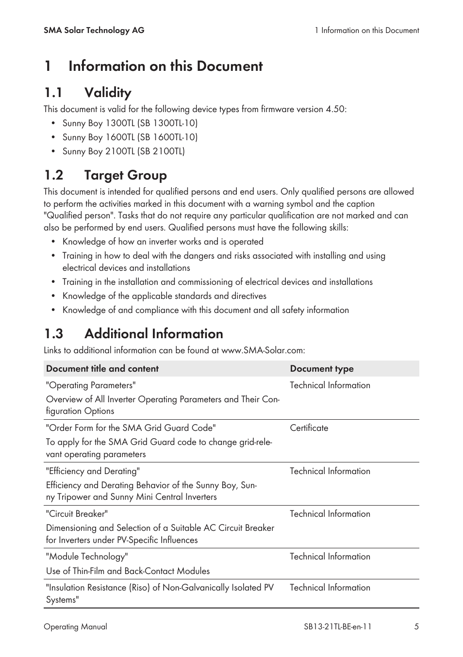 1 information on this document, 1 validity, 2 target group | 3 additional information, Information on this document, Validity, Target group, Additional information, 1information on this document | SMA SB 1300TL User Manual | Page 5 / 58