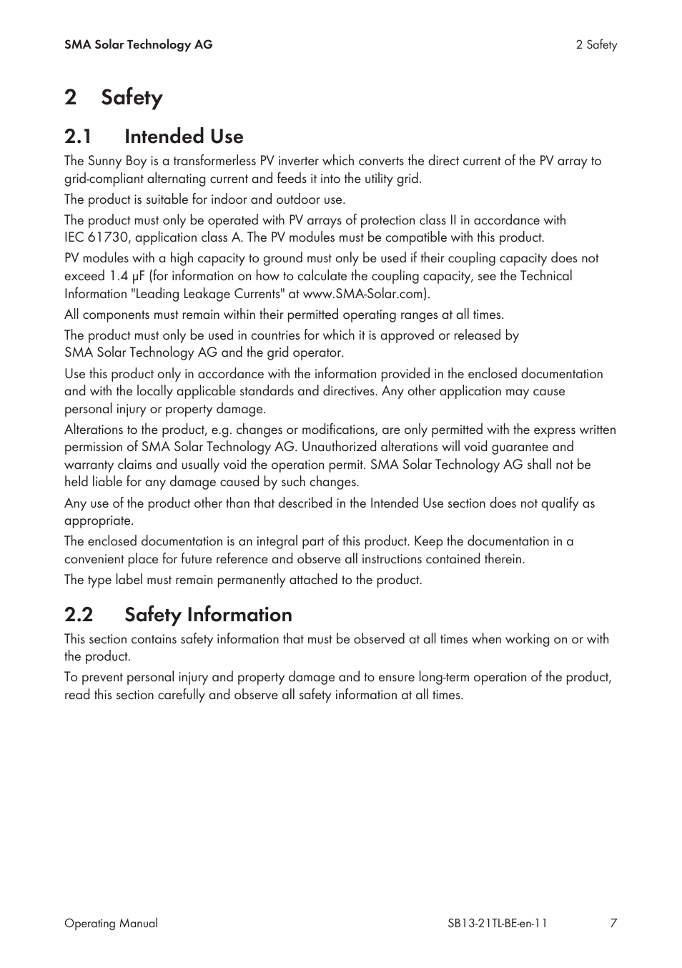 2 safety, 1 intended use, 2 safety information | Safety, Intended use, Safety information, 2safety | SMA SB 1300TL User Manual | Page 7 / 58