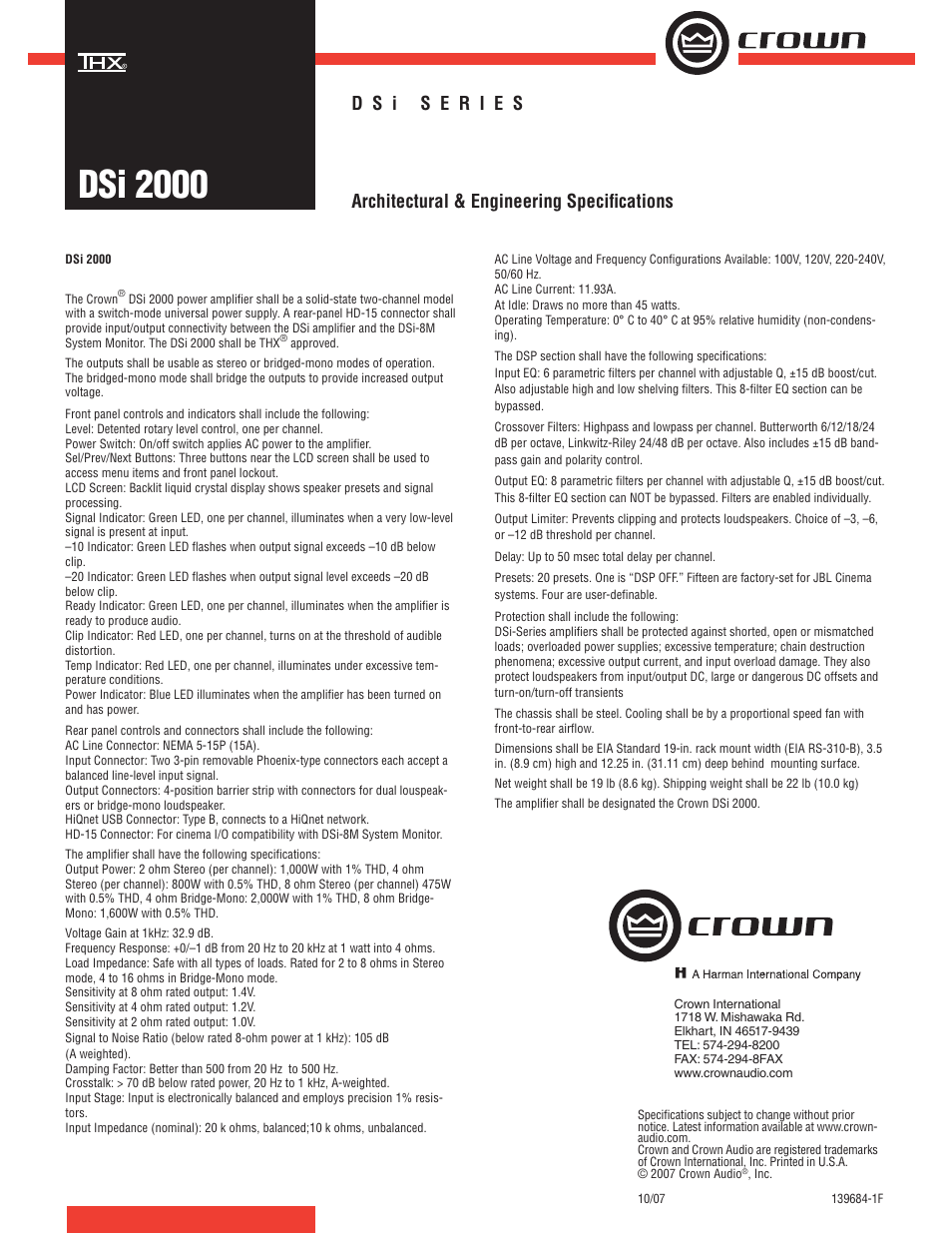Crown Audio DSi 2000 User Manual | 1 page