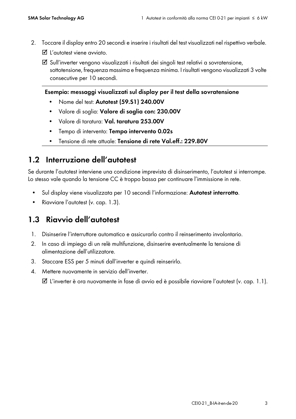 2 interruzione dell’autotest, 3 riavvio dell’autotest | SMA SB 1300TL Installation User Manual | Page 3 / 12