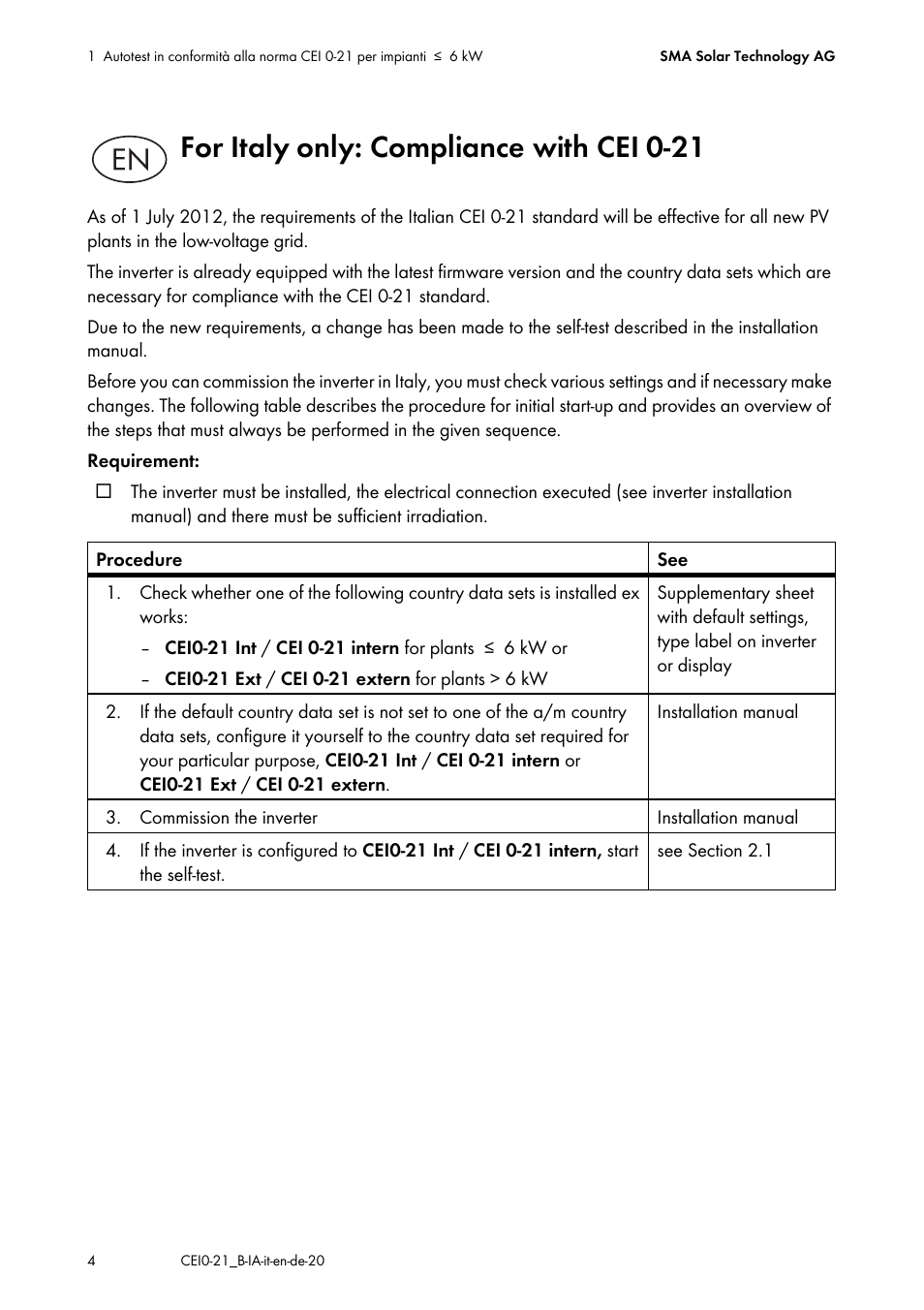 For italy only: compliance with cei 0-21 | SMA SB 1300TL Installation User Manual | Page 4 / 12