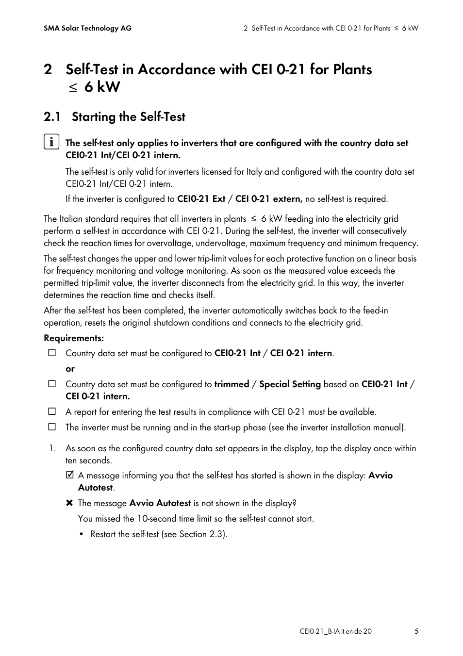 1 starting the self-test | SMA SB 1300TL Installation User Manual | Page 5 / 12