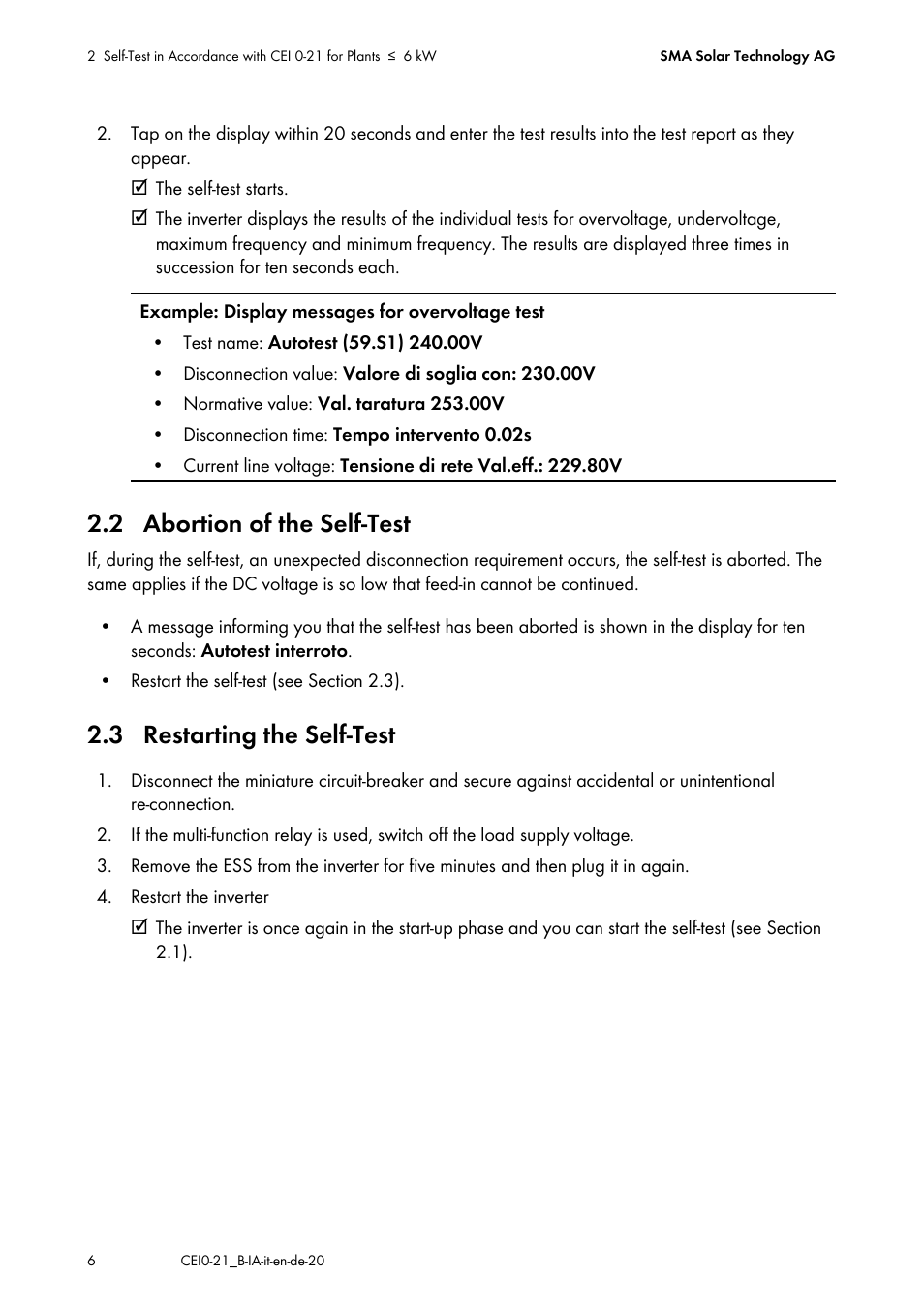 2 abortion of the self-test, 3 restarting the self-test | SMA SB 1300TL Installation User Manual | Page 6 / 12