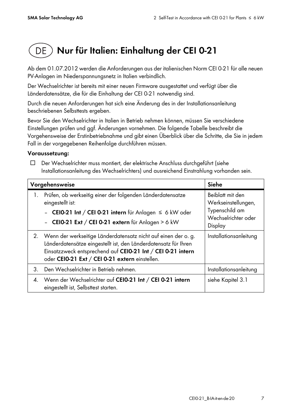 Nur für italien: einhaltung der cei 0-21 | SMA SB 1300TL Installation User Manual | Page 7 / 12