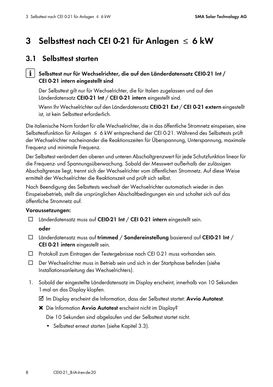 3 selbsttest nach cei 0-21 für anlagen ≤6 kw, 1 selbsttest starten | SMA SB 1300TL Installation User Manual | Page 8 / 12