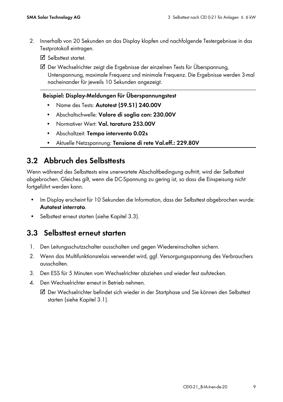 2 abbruch des selbsttests, 3 selbsttest erneut starten | SMA SB 1300TL Installation User Manual | Page 9 / 12