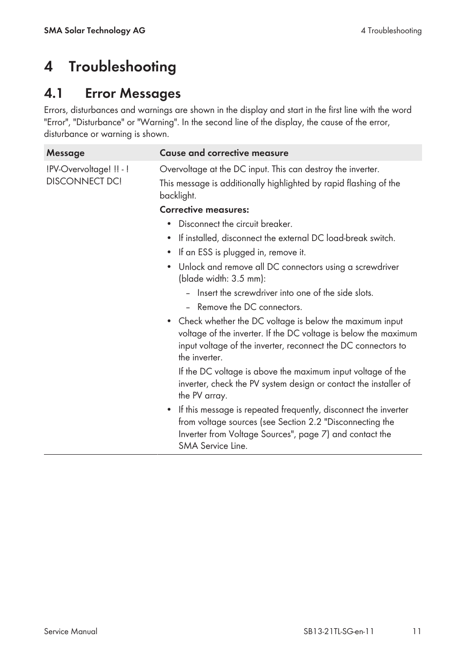 4 troubleshooting, 1 error messages, Troubleshooting | Error messages, 4troubleshooting | SMA SB 1300TL Service Manual User Manual | Page 11 / 30