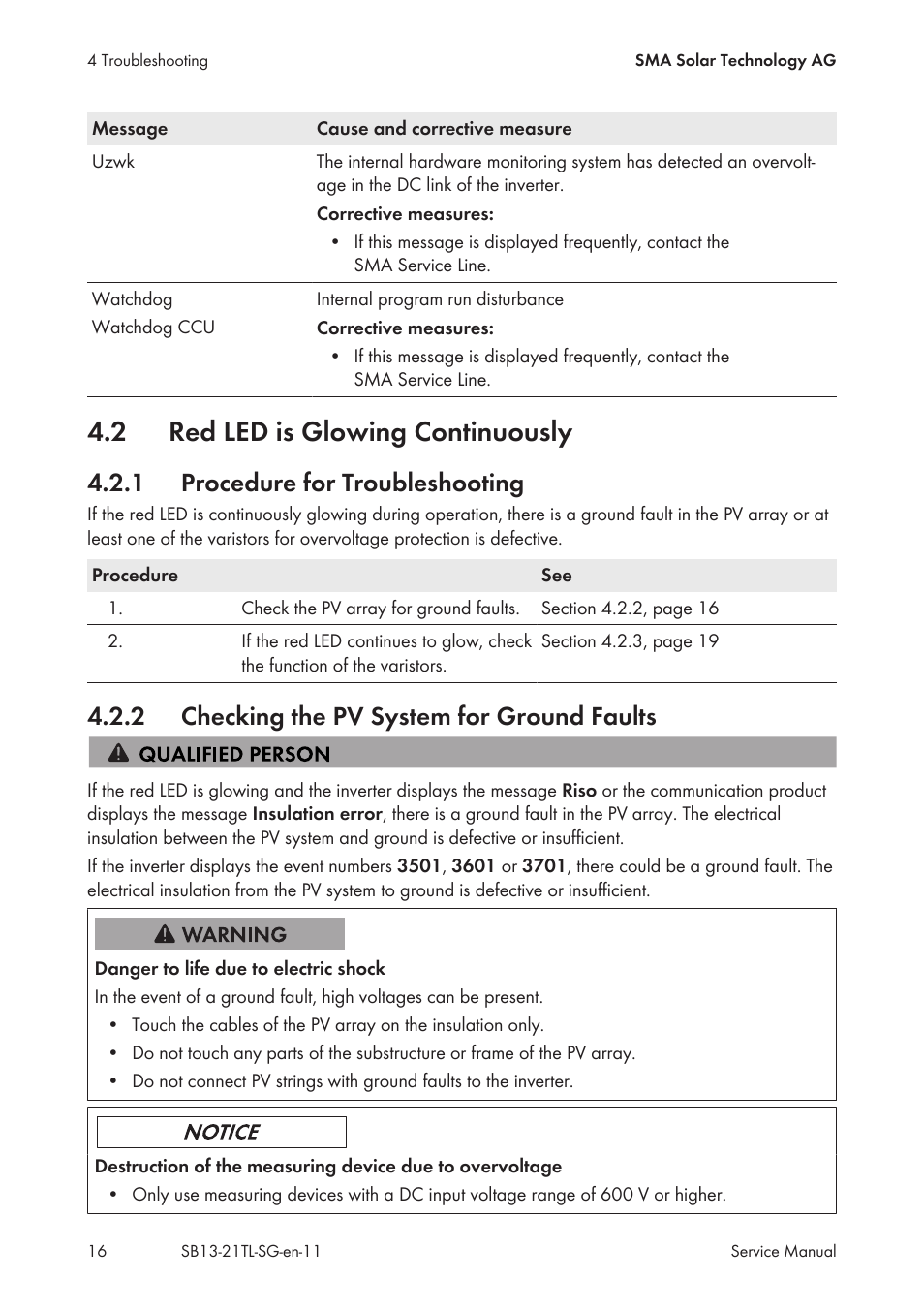 2 red led is glowing continuously, 1 procedure for troubleshooting, 2 checking the pv system for ground faults | Red led is glowing continuously, Procedure for troubleshooting, Checking the pv system for ground faults | SMA SB 1300TL Service Manual User Manual | Page 16 / 30