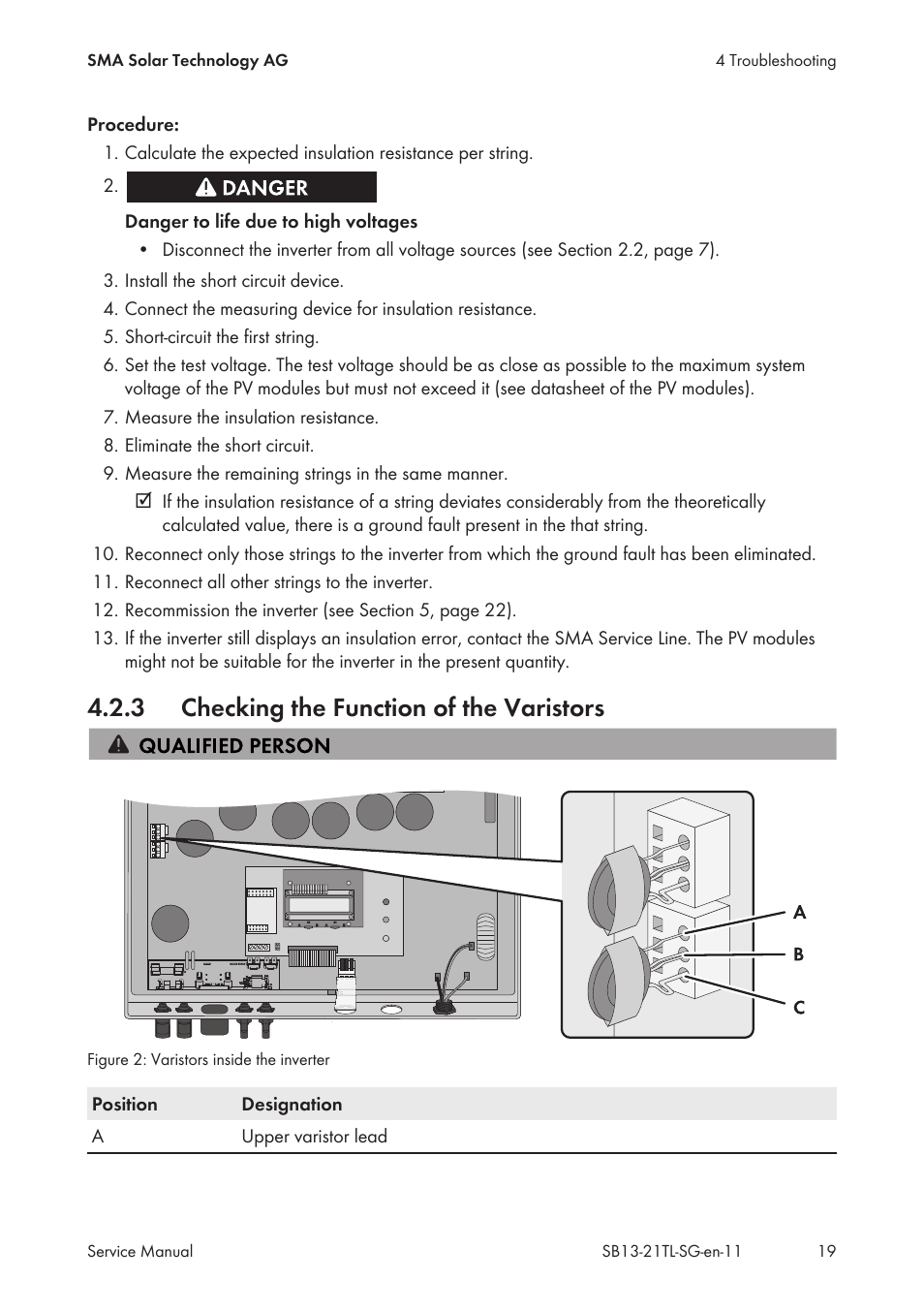 3 checking the function of the varistors, Checking the function of the varistors | SMA SB 1300TL Service Manual User Manual | Page 19 / 30