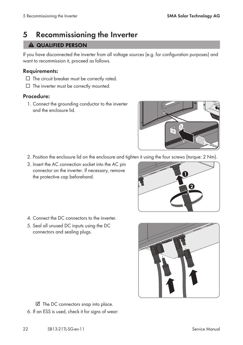 5 recommissioning the inverter, Recommissioning the inverter, 5recommissioning the inverter | SMA SB 1300TL Service Manual User Manual | Page 22 / 30