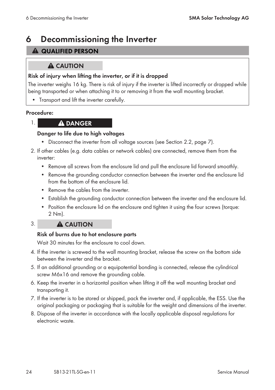 6 decommissioning the inverter, Decommissioning the inverter, 6decommissioning the inverter | SMA SB 1300TL Service Manual User Manual | Page 24 / 30