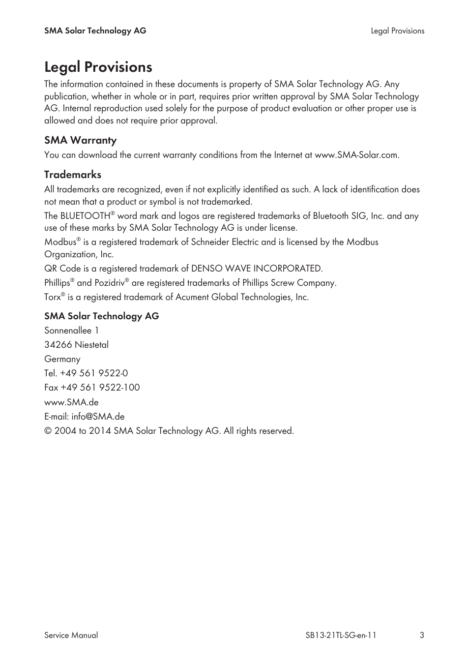 Legal provisions, Sma warranty, Trademarks | SMA SB 1300TL Service Manual User Manual | Page 3 / 30