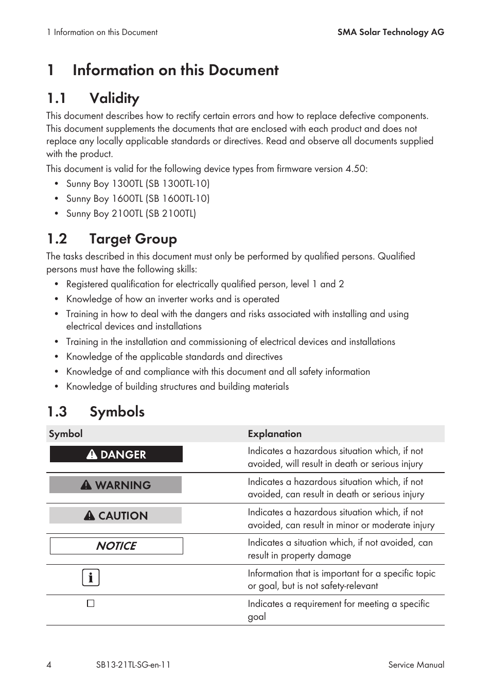 1 information on this document, 1 validity, 2 target group | 3 symbols, Information on this document, Validity, Target group, Symbols, 1information on this document | SMA SB 1300TL Service Manual User Manual | Page 4 / 30
