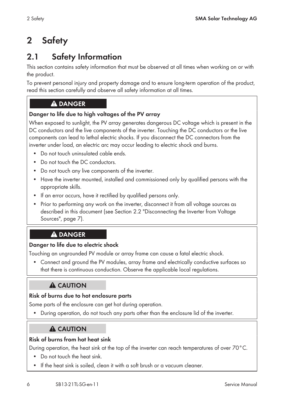 2 safety, 1 safety information, Safety | Safety information, 2safety | SMA SB 1300TL Service Manual User Manual | Page 6 / 30