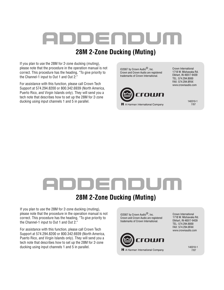 Crown Audio ADDENDUM 28M User Manual | 1 page