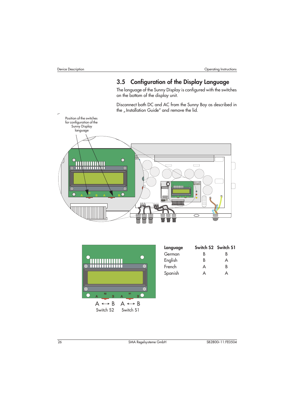 5 configuration of the display language | SMA SB 2800i User Manual | Page 28 / 50