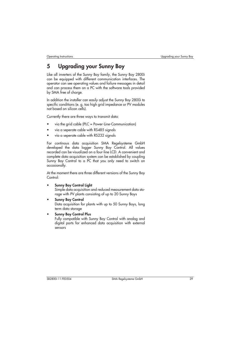 5 upgrading your sunny boy, 5upgrading your sunny boy | SMA SB 2800i User Manual | Page 31 / 50