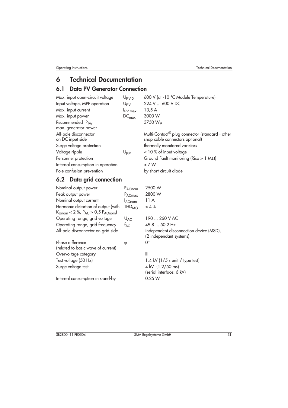 6 technical documentation, 1 data pv generator connection, 2 data grid connection | 6technical documentation | SMA SB 2800i User Manual | Page 33 / 50