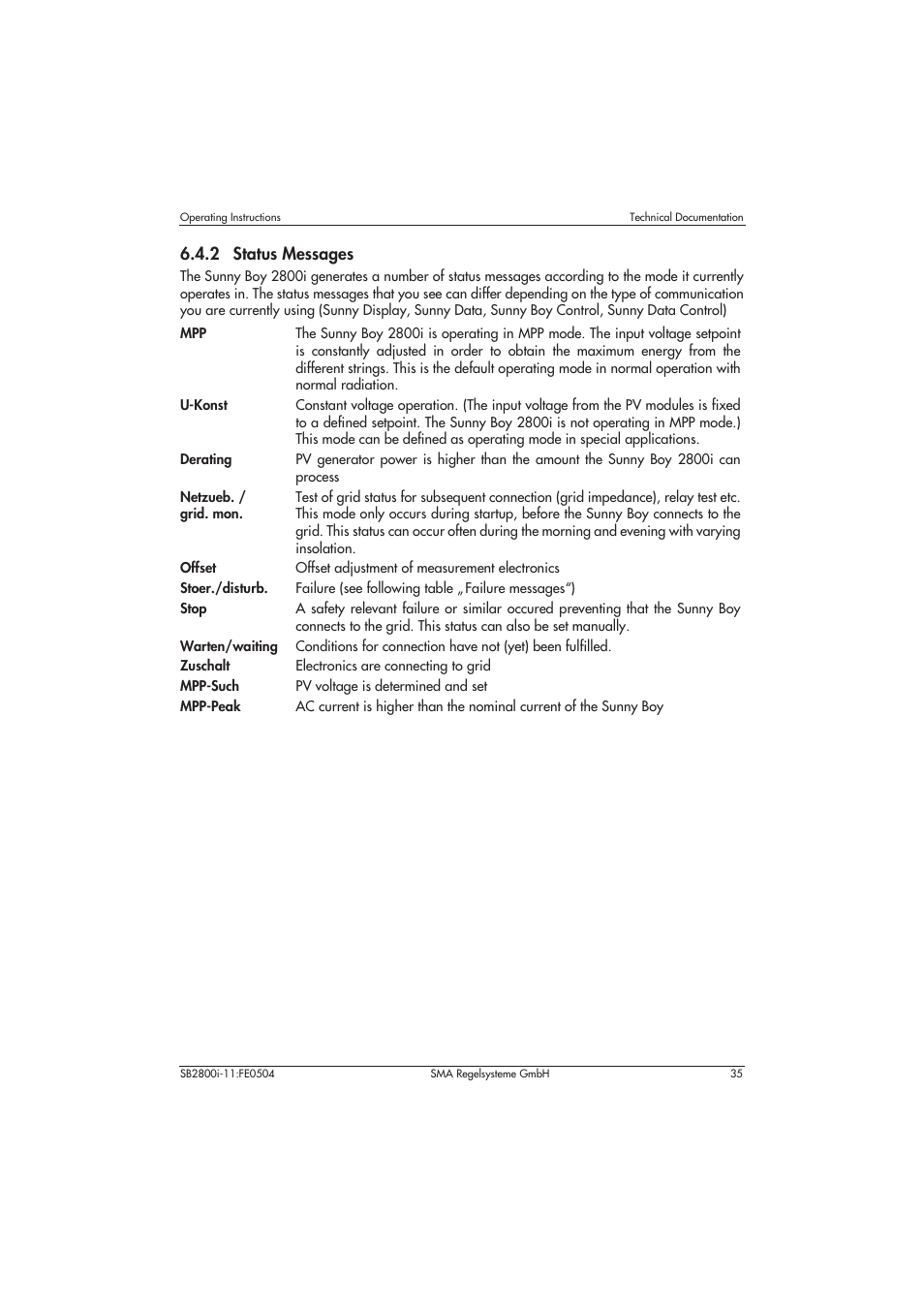 2 status messages | SMA SB 2800i User Manual | Page 37 / 50