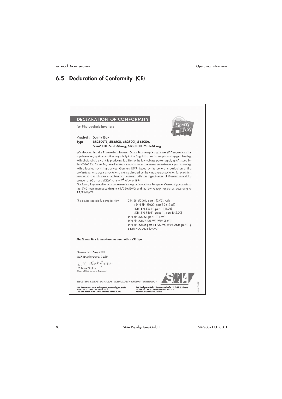 5 declaration of conformity (ce) | SMA SB 2800i User Manual | Page 42 / 50